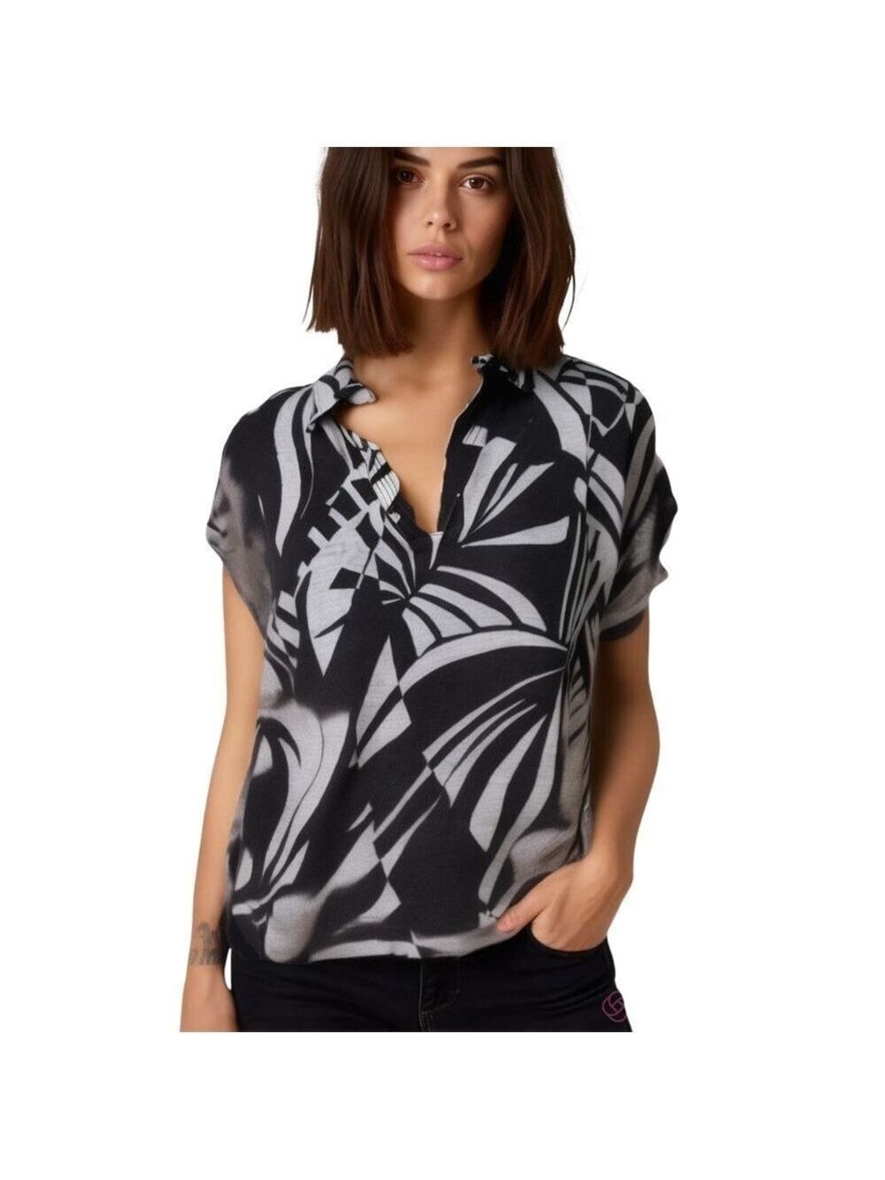 Tahari Black White Pullover Linen Short Sleeve Boxy Blouse Top Size XXL